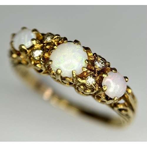 1509 - A 9K yellow gold opal and diamond ring, 0.02ct diamond weight, 2.6g total weight, size U. Ref: JP03