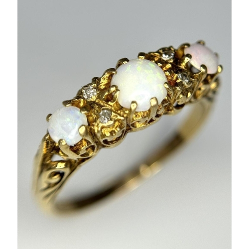 1509 - A 9K yellow gold opal and diamond ring, 0.02ct diamond weight, 2.6g total weight, size U. Ref: JP03