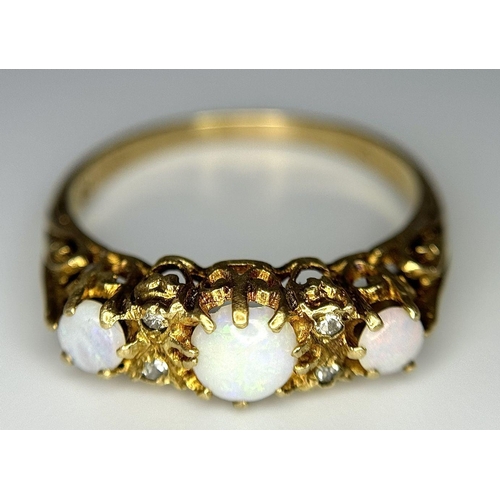 1509 - A 9K yellow gold opal and diamond ring, 0.02ct diamond weight, 2.6g total weight, size U. Ref: JP03