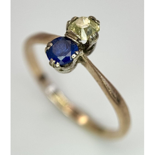 1502 - A 18K yellow gold 2 stone old cut diamond and sapphire ring, 4x4mm diamond, 0.34ct sapphire weight, ... 