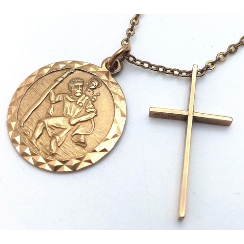 1495 - A 9K yellow gold St Christopher and cross necklace, 4.4g total weight, 16” chain length. Ref: SH1695... 