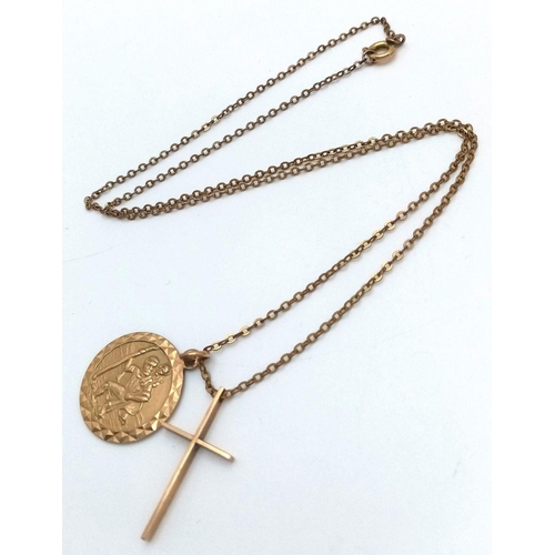 1495 - A 9K yellow gold St Christopher and cross necklace, 4.4g total weight, 16” chain length. Ref: SH1695... 