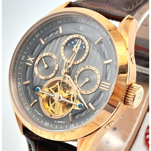 1308 - An Gold Tone Constantin Weisz Men’s Automatic, Open Heart/ Skeleton Back, Moonphase Calendar Watch. ... 