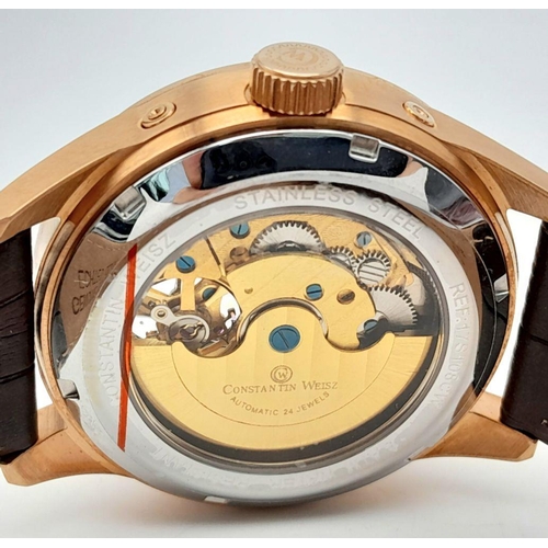 1308 - An Gold Tone Constantin Weisz Men’s Automatic, Open Heart/ Skeleton Back, Moonphase Calendar Watch. ... 