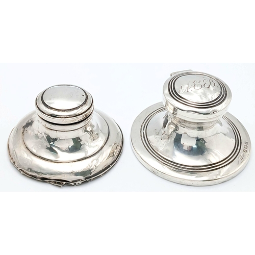 1406 - Two Antique Hallmarked Silver Inkwells Dating 1909/10 & 1920/21. Hinged Lids, complete with glass li... 