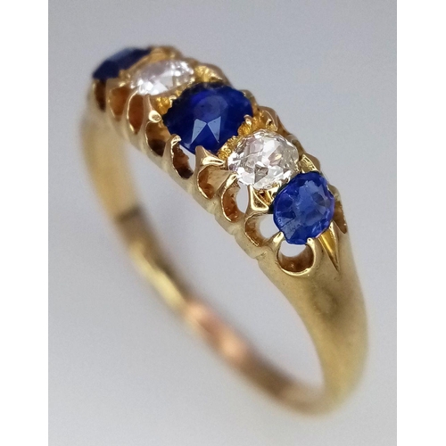 116 - AN 18K YELLOW GOLD VINTAGE, POSSIBLY ANTIQUE, OLD CUT DIAMOND AND SAPPHIRE RING. 2.8G. SIZE O. VERY ... 