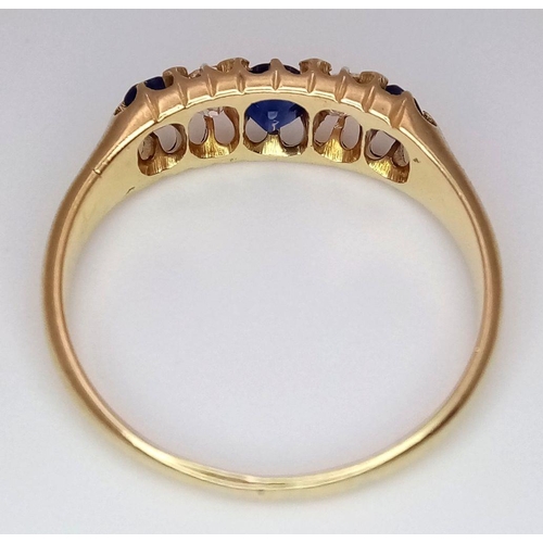 116 - AN 18K YELLOW GOLD VINTAGE, POSSIBLY ANTIQUE, OLD CUT DIAMOND AND SAPPHIRE RING. 2.8G. SIZE O. VERY ... 