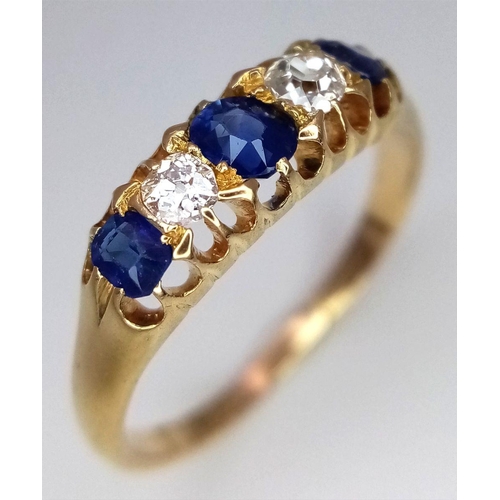 116 - AN 18K YELLOW GOLD VINTAGE, POSSIBLY ANTIQUE, OLD CUT DIAMOND AND SAPPHIRE RING. 2.8G. SIZE O. VERY ... 