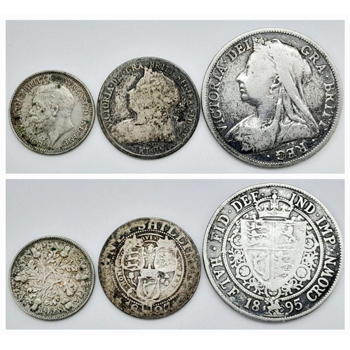 1354 - A Silver 1895 Half Crown, an 1897 shilling and a 1928 sixpence.