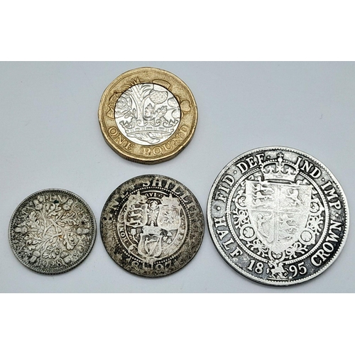 1354 - A Silver 1895 Half Crown, an 1897 shilling and a 1928 sixpence.