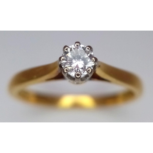 200 - AN 18K YELLOW GOLD DIAMOND SET SOLITAIRE RING. 0.15CT. 2.5G. SIZE M. 8865