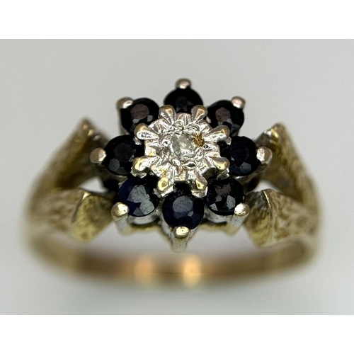 242 - A 9K YELLOW GOLD VINTAGE DIAMOND AND SAPPHIRE RING. 2.9G. SIZE M. SC5018