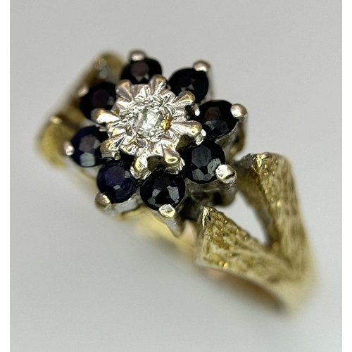 242 - A 9K YELLOW GOLD VINTAGE DIAMOND AND SAPPHIRE RING. 2.9G. SIZE M. SC5018