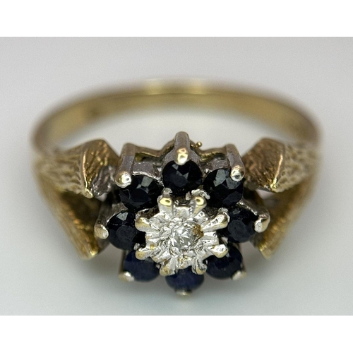 242 - A 9K YELLOW GOLD VINTAGE DIAMOND AND SAPPHIRE RING. 2.9G. SIZE M. SC5018