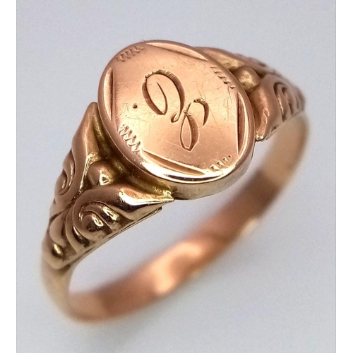 729 - A 9K Yellow Gold Initialled 'E' Signet Ring. Size L. 1.5g weight.