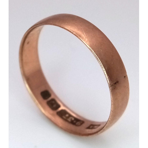 849 - A Vintage 9K Rose Gold Band Ring. 4mm width. Full UK hallmarks. Size L. 1.5g weight.