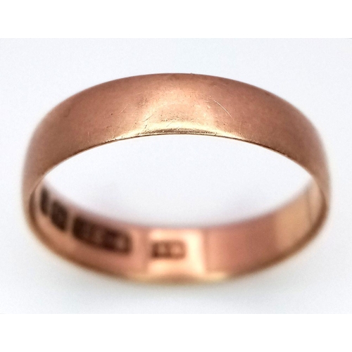 849 - A Vintage 9K Rose Gold Band Ring. 4mm width. Full UK hallmarks. Size L. 1.5g weight.