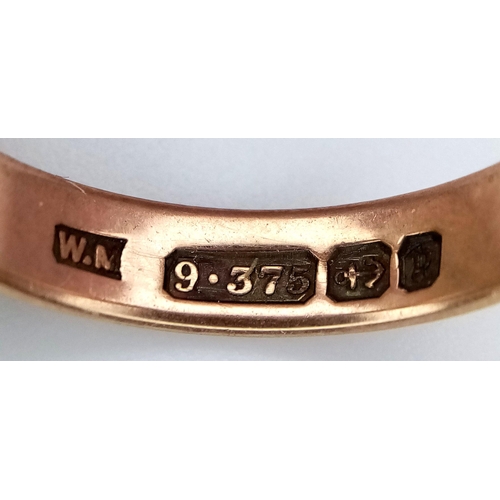 849 - A Vintage 9K Rose Gold Band Ring. 4mm width. Full UK hallmarks. Size L. 1.5g weight.