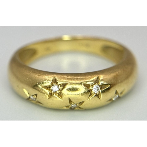 863 - An 18K Yellow Gold Five Diamond Gypsy Set Ring. Size L. 3.82g total weight.