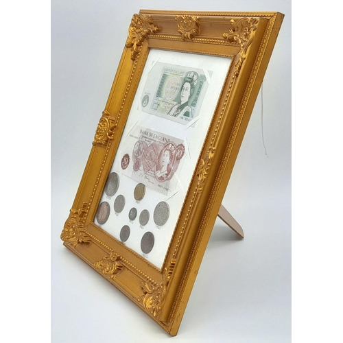 947 - A Framed Small Coin and Note Collection - Includes a mint ten shilling note. In frame - 28cm x 34cm.