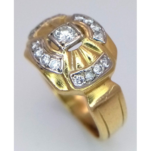 96 - A BEAUTIFULLY DESIGNED 18K YELLOW GOLD AND DIAMOND RING. 0.35CTW. 6.7G SIZE O. SC5051.