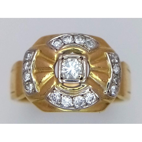 96 - A BEAUTIFULLY DESIGNED 18K YELLOW GOLD AND DIAMOND RING. 0.35CTW. 6.7G SIZE O. SC5051.