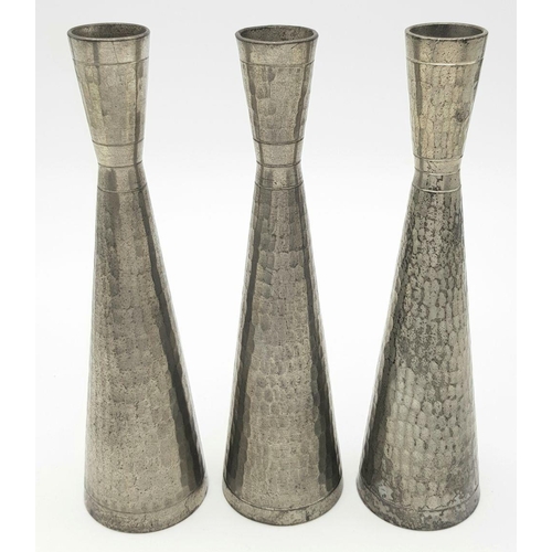 1561 - Three Vintage Singaporean Pewter Bud Vases. Markings on base. 16cm tall.