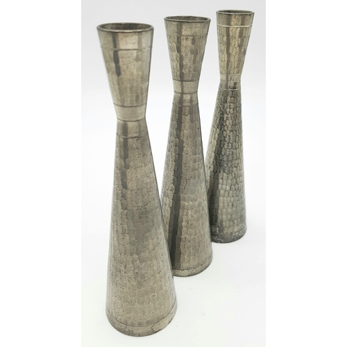 1561 - Three Vintage Singaporean Pewter Bud Vases. Markings on base. 16cm tall.