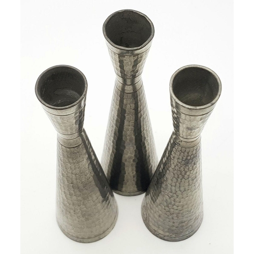 1561 - Three Vintage Singaporean Pewter Bud Vases. Markings on base. 16cm tall.