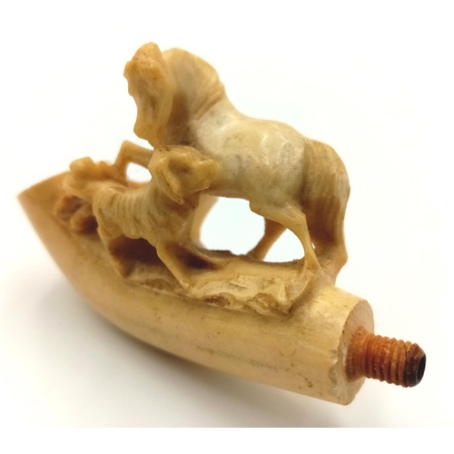 1607 - A  Vintage Possibly Antique Meerschaum Pipe Head with Ornate Horse and Hound Decoration. 6cm.