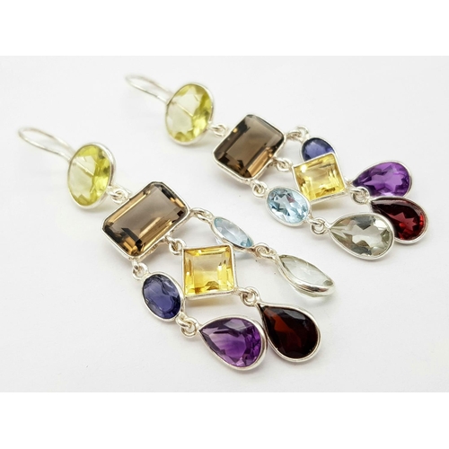 1517 - An Amethyst, Citrine and Blue Topaz Gemstone Pair of Drop Earrings. Set in 925 Silver. CD 1536. 4cm ... 