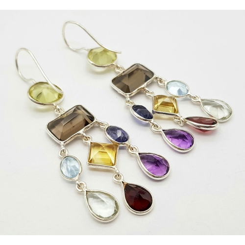 1517 - An Amethyst, Citrine and Blue Topaz Gemstone Pair of Drop Earrings. Set in 925 Silver. CD 1536. 4cm ... 