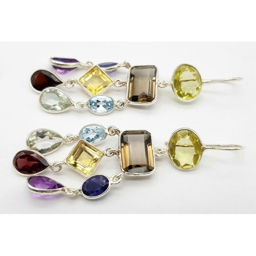 1517 - An Amethyst, Citrine and Blue Topaz Gemstone Pair of Drop Earrings. Set in 925 Silver. CD 1536. 4cm ... 