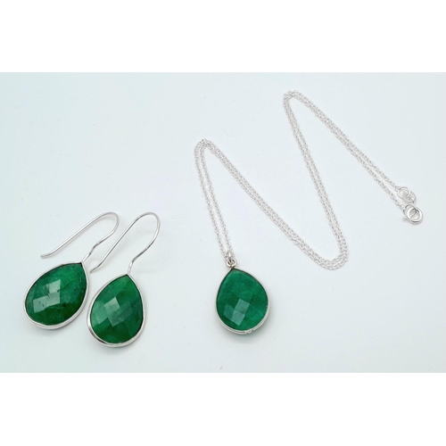 1573 - A Pair of Emerald Gemstone Earrings and Pendant Set. Set in  925 Silver. CD-1537