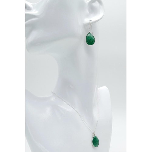 1573 - A Pair of Emerald Gemstone Earrings and Pendant Set. Set in  925 Silver. CD-1537