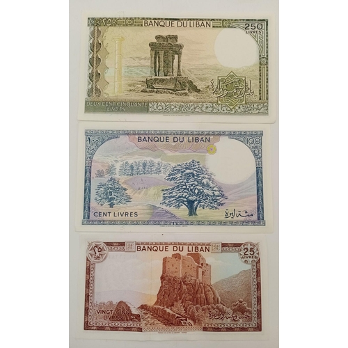 1594 - Three Vintage Lebanese Bank Notes. Good-Excellent condition but please see photos.