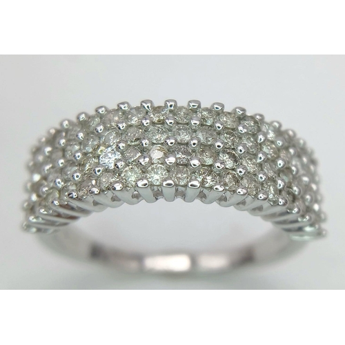 1272 - A 9K White Gold Diamond Four Row Ring. 0.75ctw of diamonds. Size O. 3.7g total weight. Ref: 019247