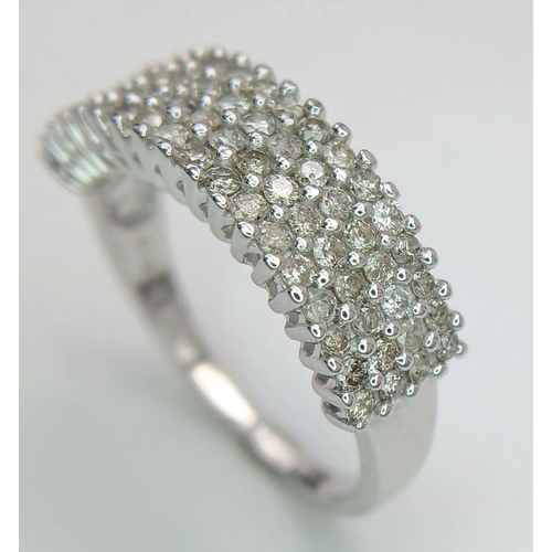 1272 - A 9K White Gold Diamond Four Row Ring. 0.75ctw of diamonds. Size O. 3.7g total weight. Ref: 019247