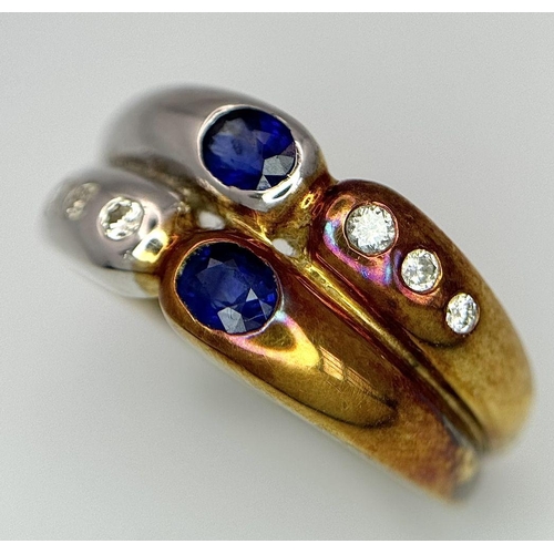 1117 - A Two-Tone 18K Gold, Sapphire and Diamond Ring. Graduating diamonds meet oval sapphires on yellow an... 