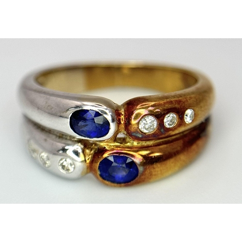 1117 - A Two-Tone 18K Gold, Sapphire and Diamond Ring. Graduating diamonds meet oval sapphires on yellow an... 