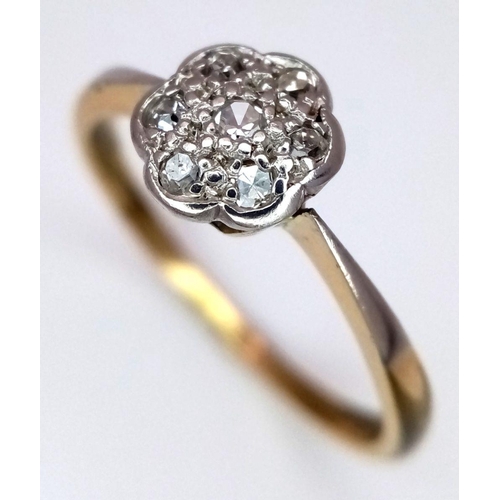 144 - AN 18K YELLOW GOLD AND PLATINUM VINTAGE DIAMOND CLUSTER RING. 3G. SIZE R. SC5065