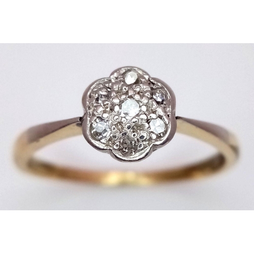 144 - AN 18K YELLOW GOLD AND PLATINUM VINTAGE DIAMOND CLUSTER RING. 3G. SIZE R. SC5065