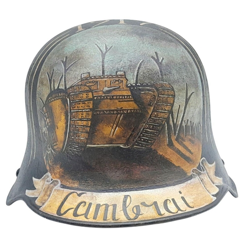 194 - A WW1 Imperial German 1916 Model Stahlhelm Helmet, with a post War memorial painting to the Battle o... 