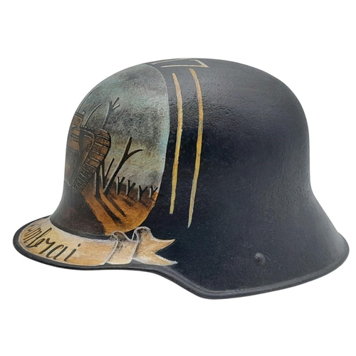 194 - A WW1 Imperial German 1916 Model Stahlhelm Helmet, with a post War memorial painting to the Battle o... 