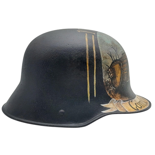 194 - A WW1 Imperial German 1916 Model Stahlhelm Helmet, with a post War memorial painting to the Battle o... 