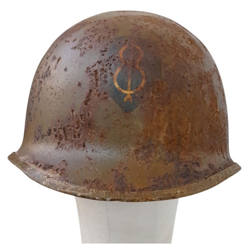 222 - A WW2 Semi Relic US M1 Helmet. Swivel Bale with front seam. Unit marked to the 8th Infantry Division... 