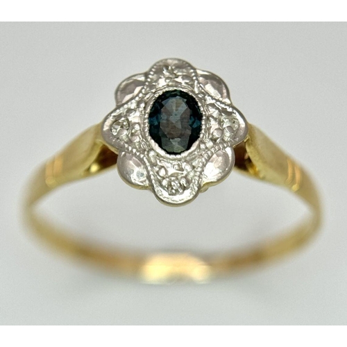 279 - AN 18K YELLOW GOLD VINTAGE DIAMOND AND TEAL SAPPHIRE RING. 2.1G. SIZE P. SC 5054