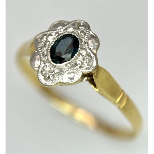 279 - AN 18K YELLOW GOLD VINTAGE DIAMOND AND TEAL SAPPHIRE RING. 2.1G. SIZE P. SC 5054