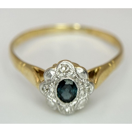 279 - AN 18K YELLOW GOLD VINTAGE DIAMOND AND TEAL SAPPHIRE RING. 2.1G. SIZE P. SC 5054