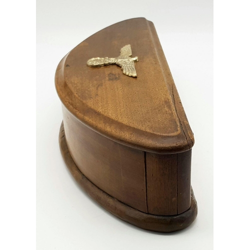 280 - A Beautiful Mahogany Half Moon Box with a WW2 German Africa Corps Tropical Helmet Eagle. This once c... 